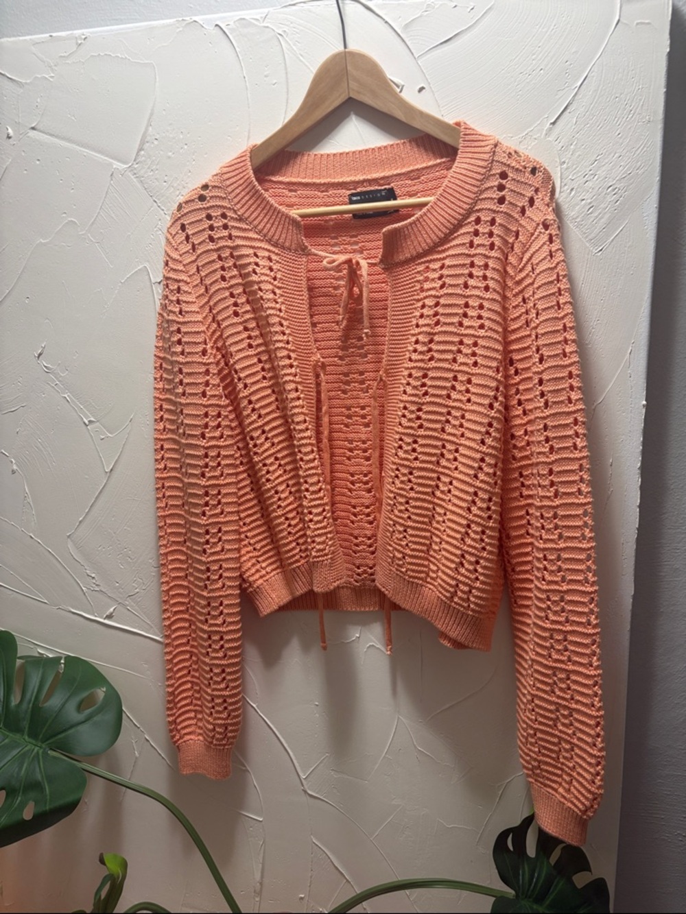 Peach Open-Knit Sweater with 3 Tie Front